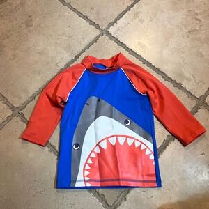 Mini Boden Boys size 4-5Y Rash Guard Swim Shirt Shark Print  UPF 40+